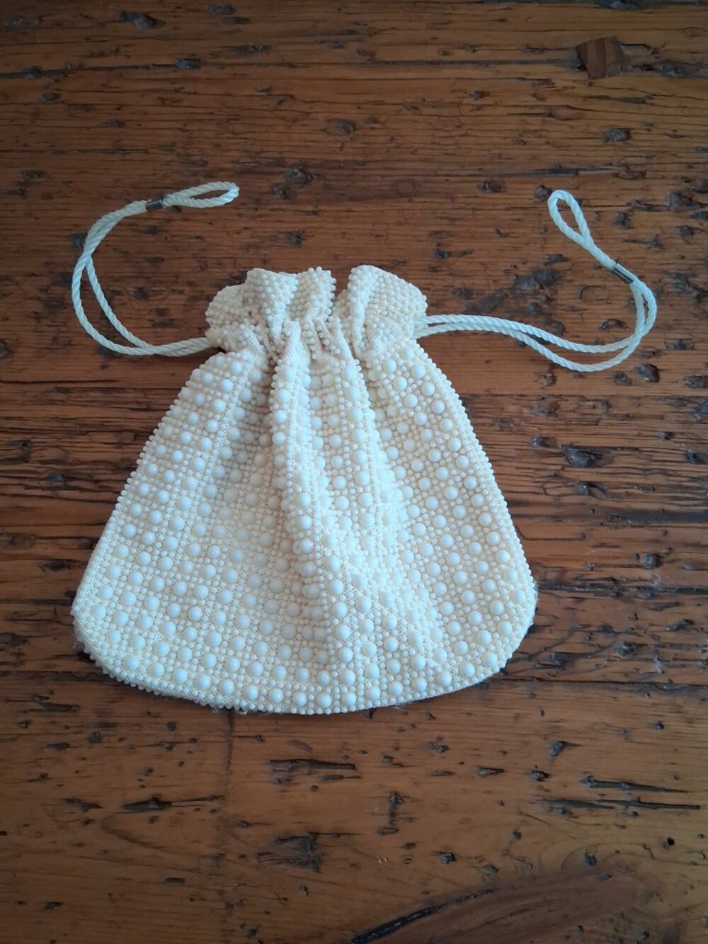 Vintage White/ Beige Beaded Lined Drawstring Bag Pouch - Picture 2 of 8